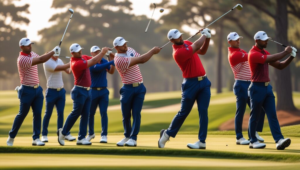 Leonardo_Phoenix_10_A_dynamic_scene_of_multiple_golfers_clad_i_1